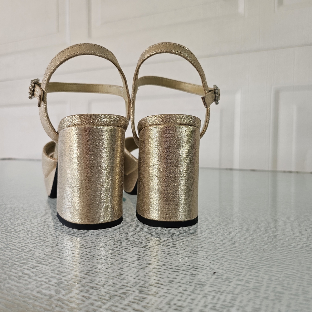 Kenneth Cole Reaction 7.5 Gold Block Heel Sandals Platform Strappy Party Glam - Picture 4 of 8